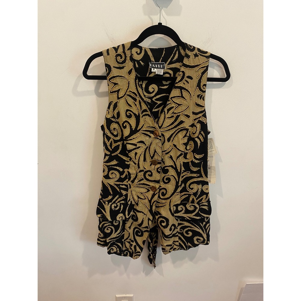 Boho Black and‎ Tan  Beaded Floral Print V Neck Sleeveless Vest Medium